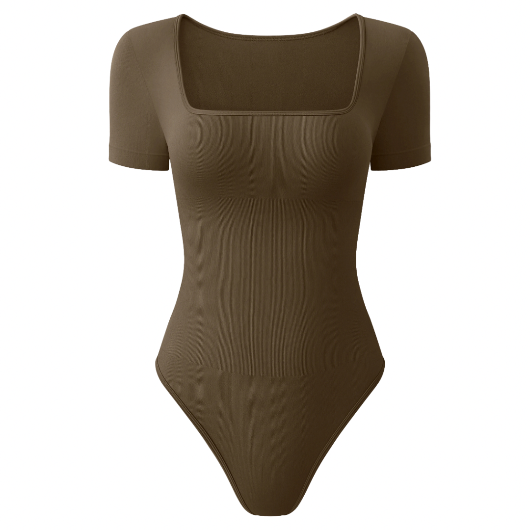 Brown Seamless Ribbed Squareneck Short Sleeve Bodysuit – Lysstique