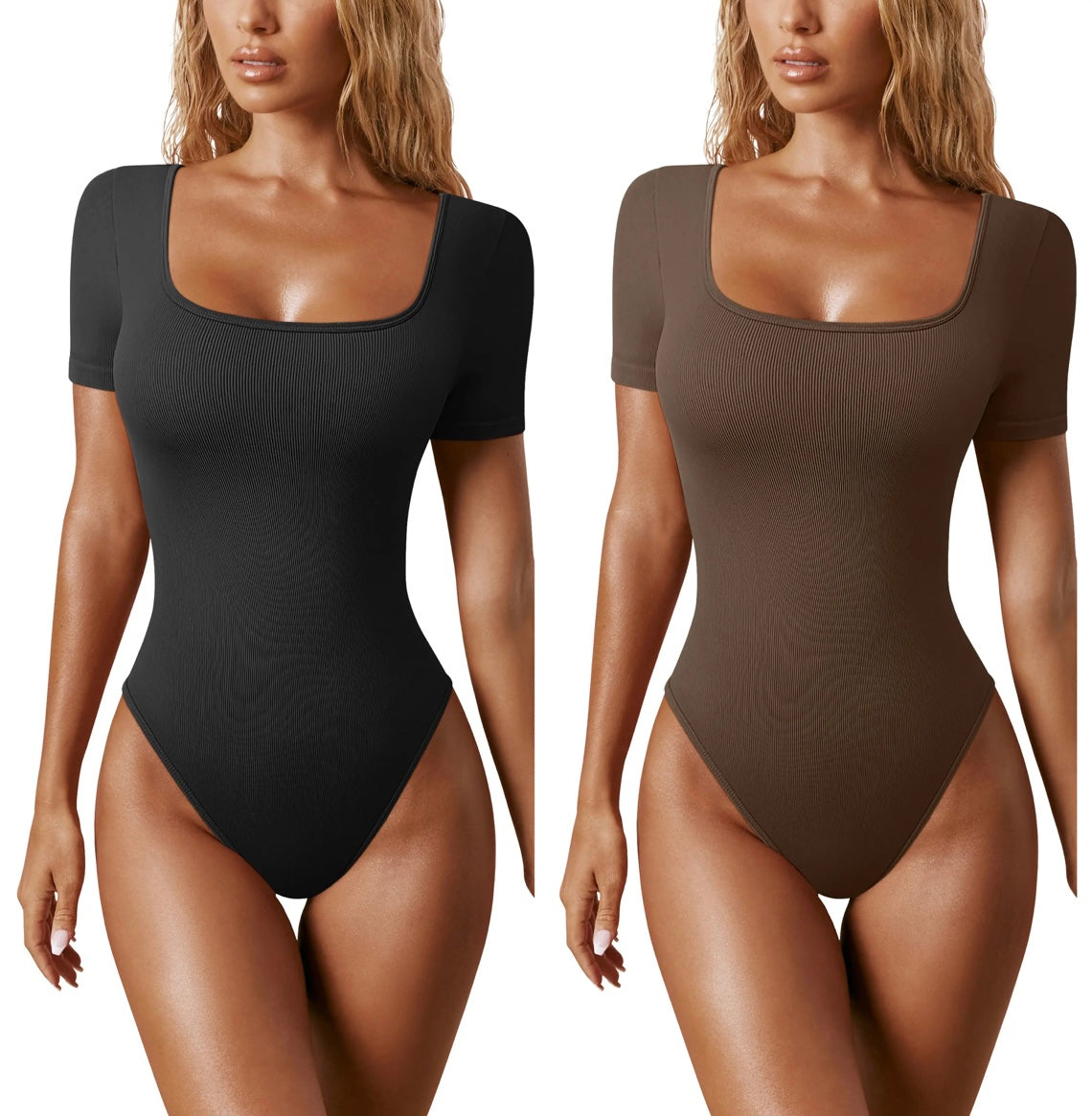 Black Seamless Ribbed Squareneck Short Sleeve Bodysuit