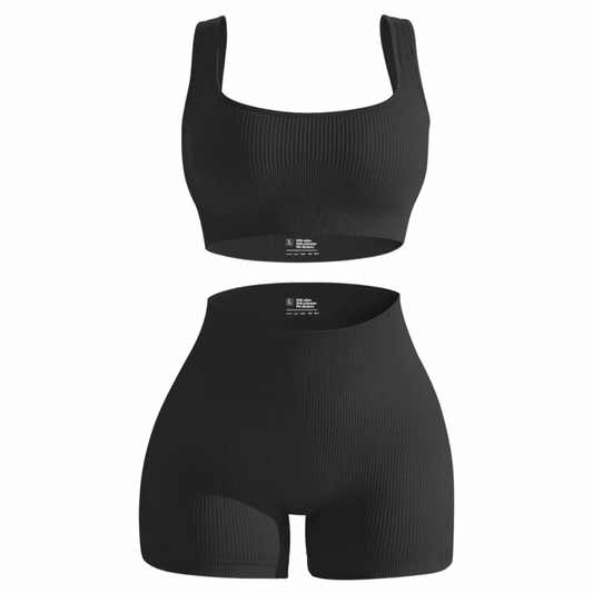 Black Seamless Ribbed 2 Piece Workout Set