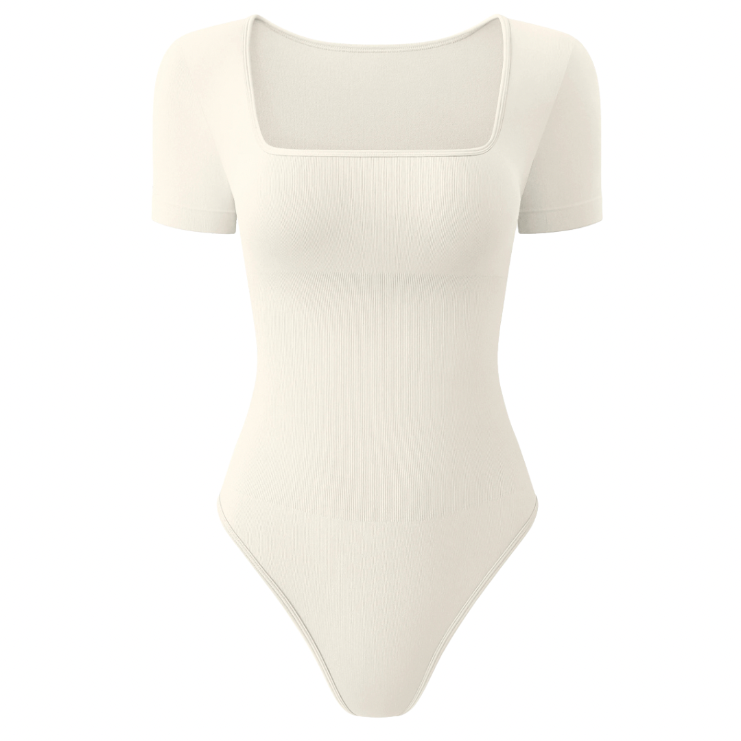 Cream Seamless Ribbed Squareneck Short Sleeve Bodysuit