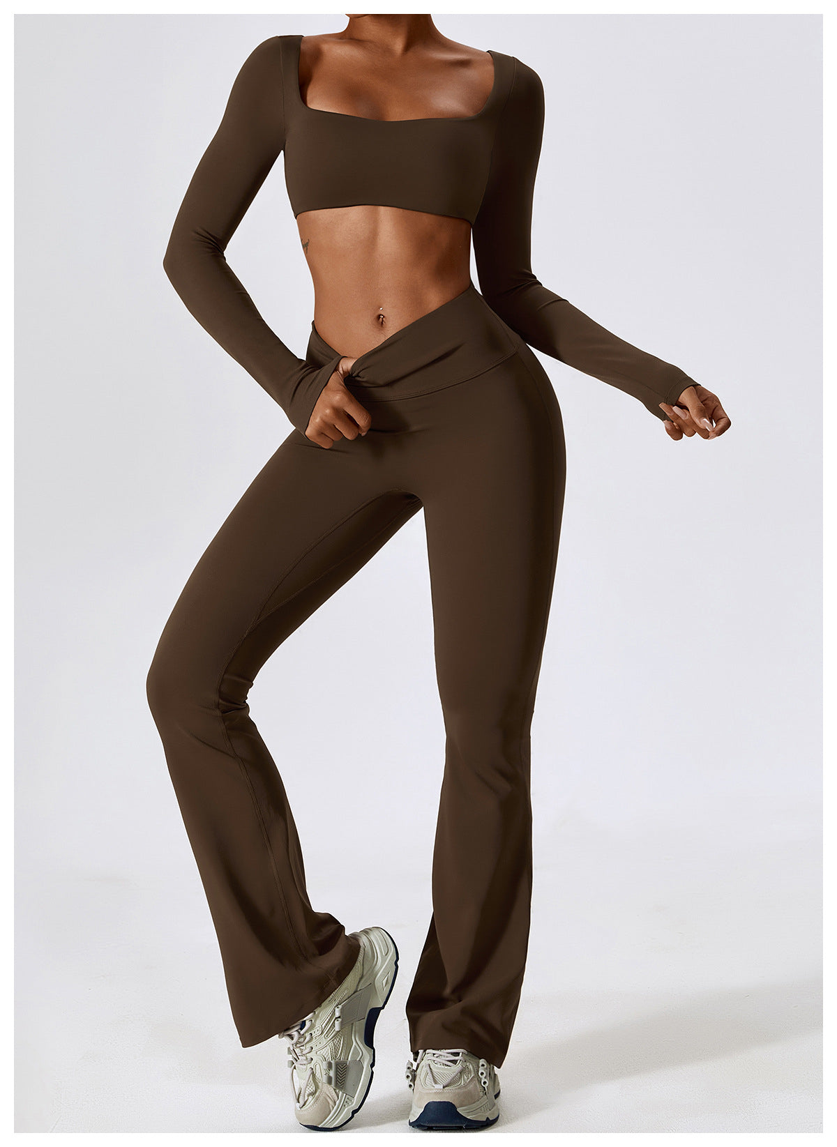 Brown Long Sleeve Top and Yoga Pant Athleisure Set