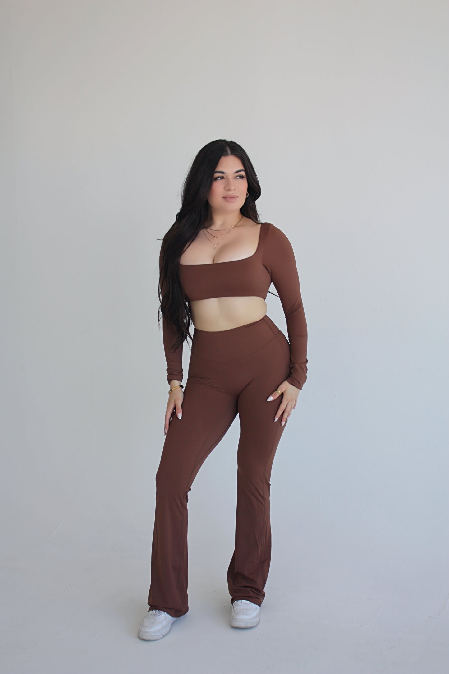 Brown Long Sleeve Top and Yoga Pant Athleisure Set