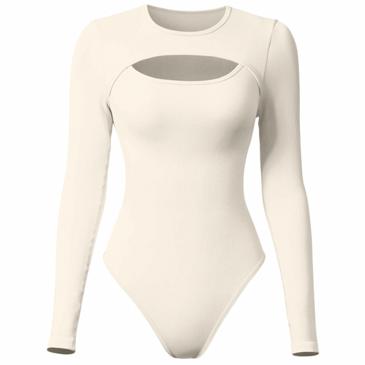 Cream Round Neck Cut Out Long Sleeve Ribbed Bodysuit