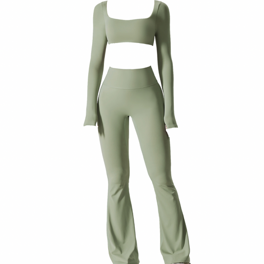 Sage Green Long Sleeve Top and Yoga Pant Athleisure Set