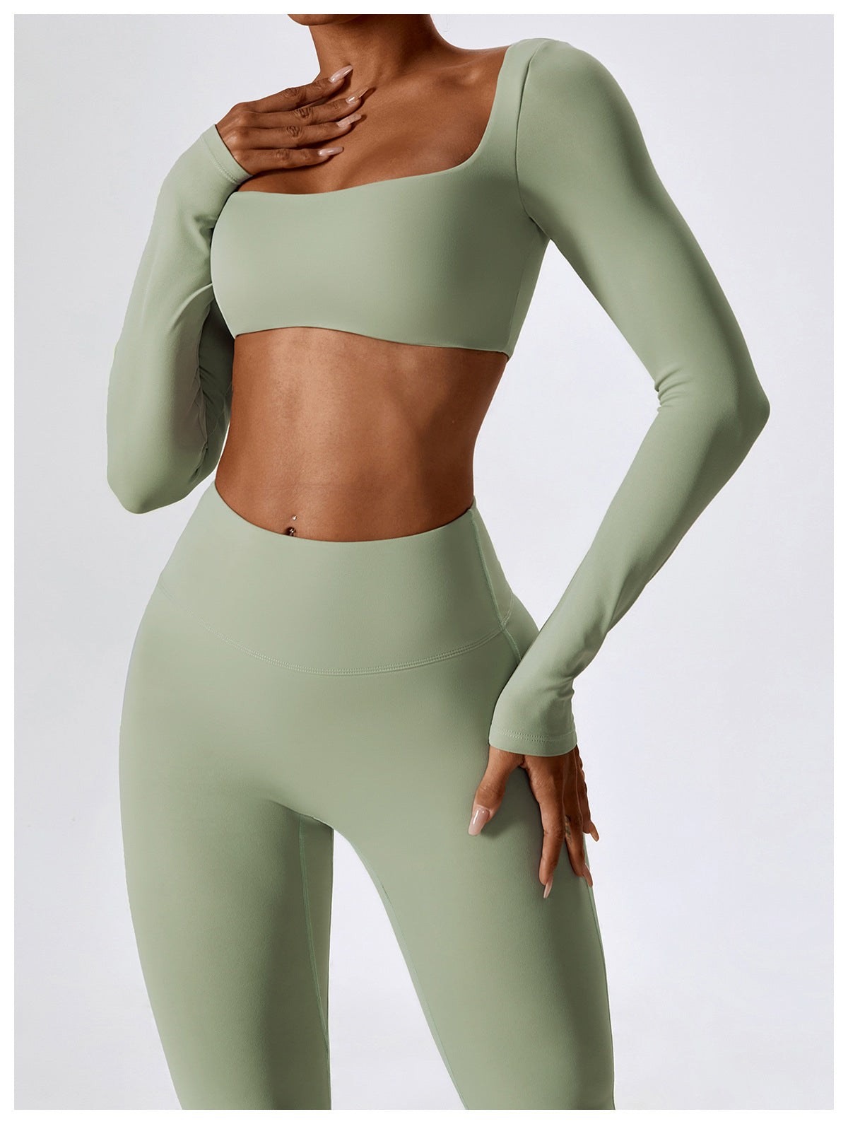 Sage Green Long Sleeve Top and Yoga Pant Athleisure Set