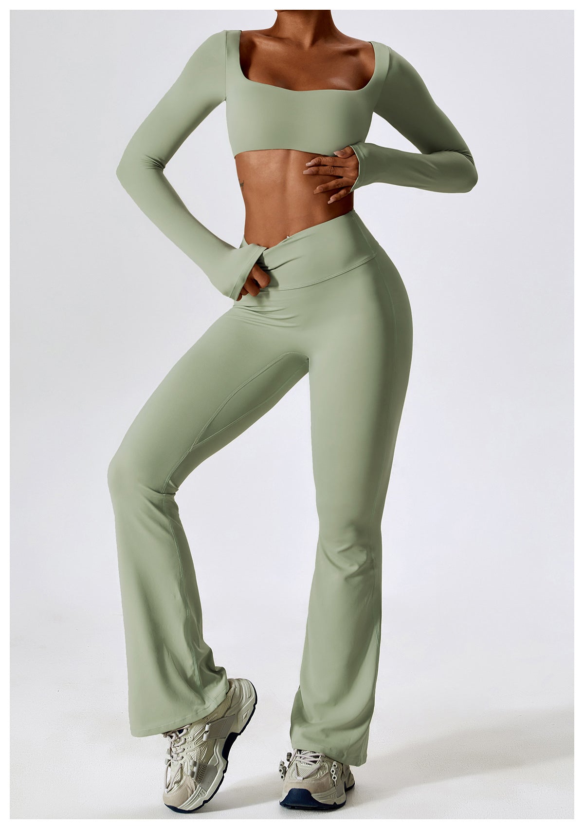 Sage Green Long Sleeve Top and Yoga Pant Athleisure Set