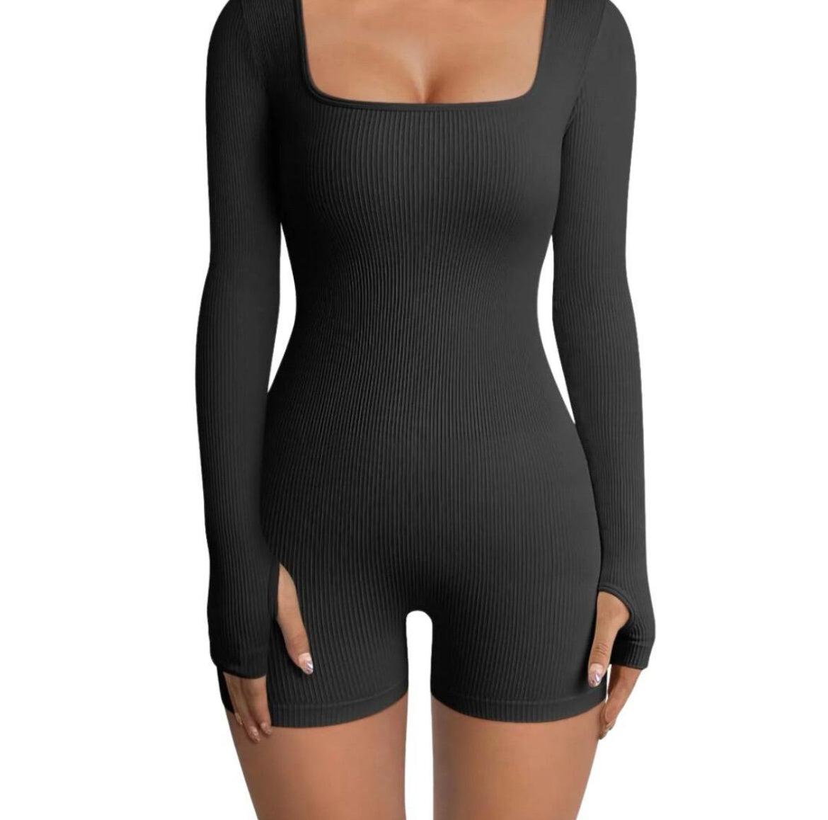 Black Ribbed Sculpting Romper Shorts