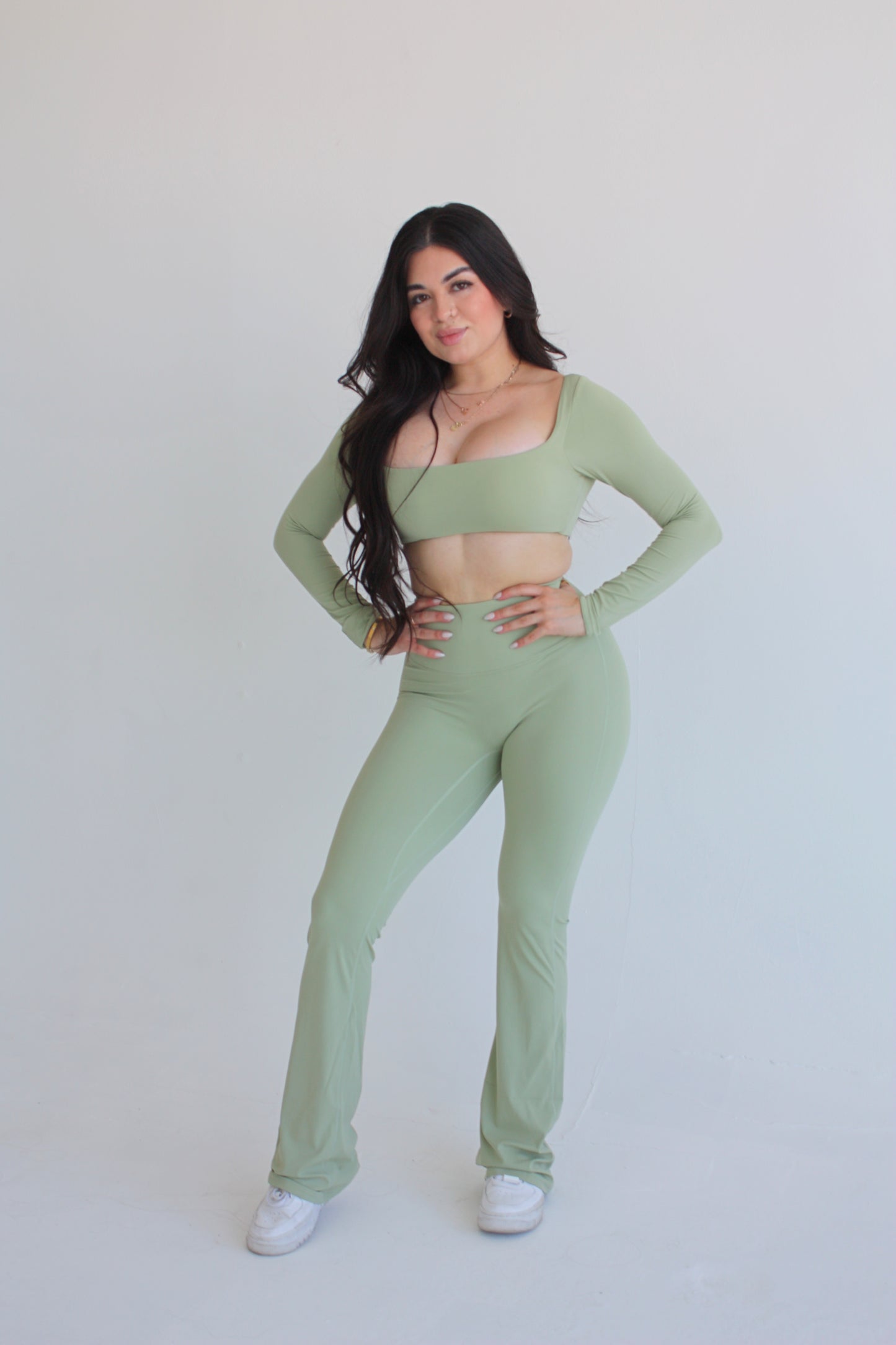 Sage Green Long Sleeve Top and Yoga Pant Athleisure Set