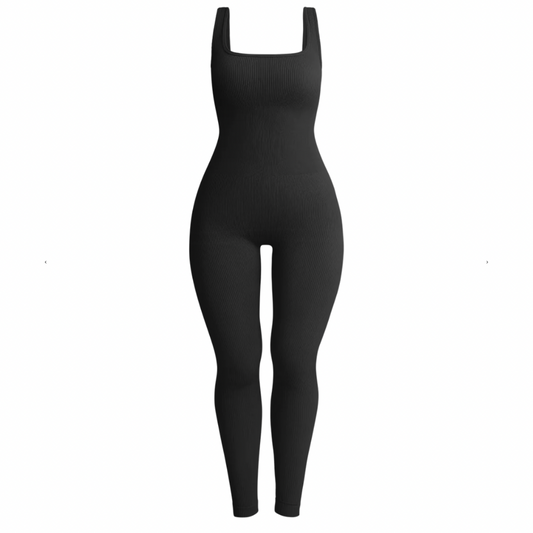 Black Wide Strap Ribbed Sculpting Jumpsuit