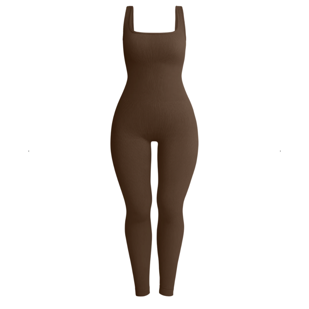 Brown Wide Strap Ribbed Sculpting Jumpsuit