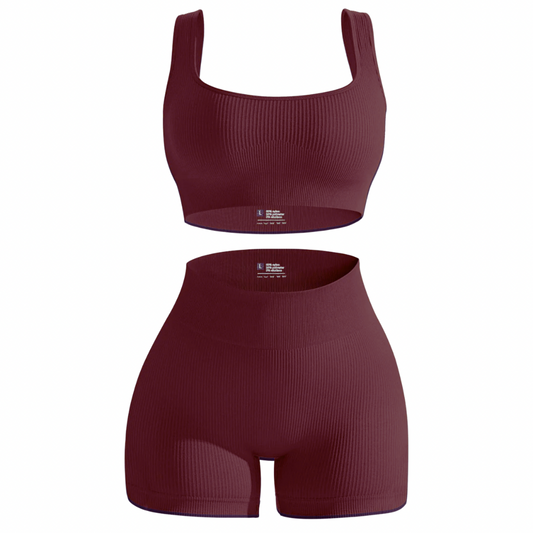 Chocolate Cherry Brown Seamless Ribbed 2 Piece Workout Set