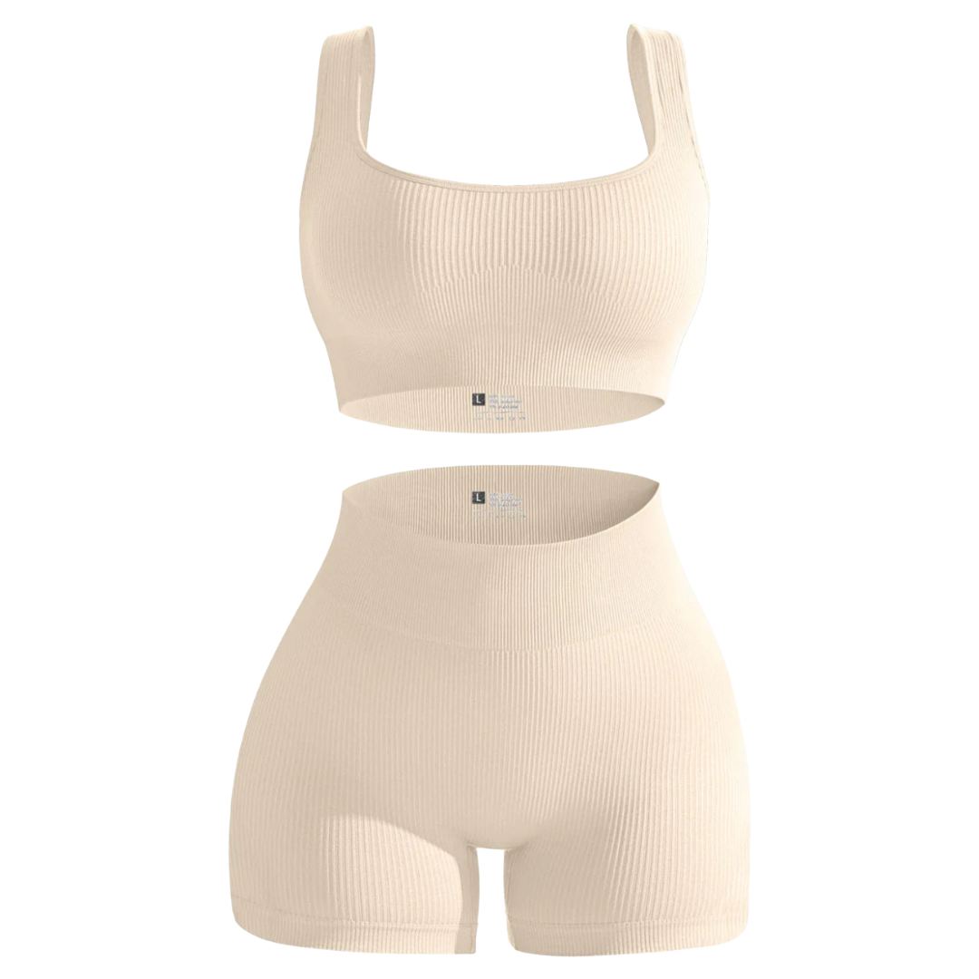 Cream Seamless Ribbed 2 Piece Workout Set